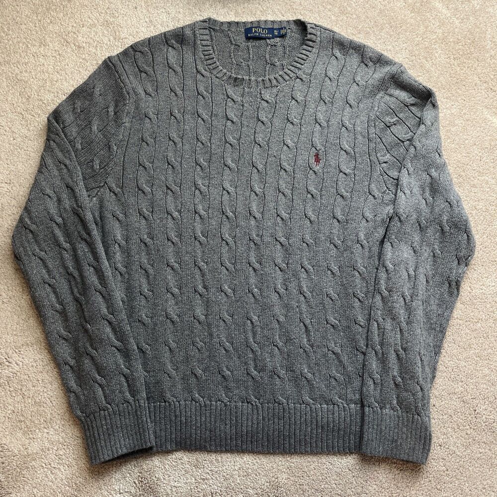 Polo Ralph Lauren Cable Knit Cotton Sweater Mens XL Gray Crewneck Pony Old Money